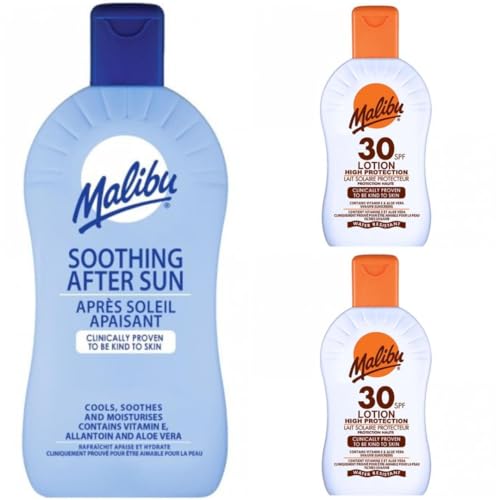 3 pack Set Of 400ML x 1 After Sun & SPF 30 x 2 Malibu Sun Cream Lotion 200 ML Bottles