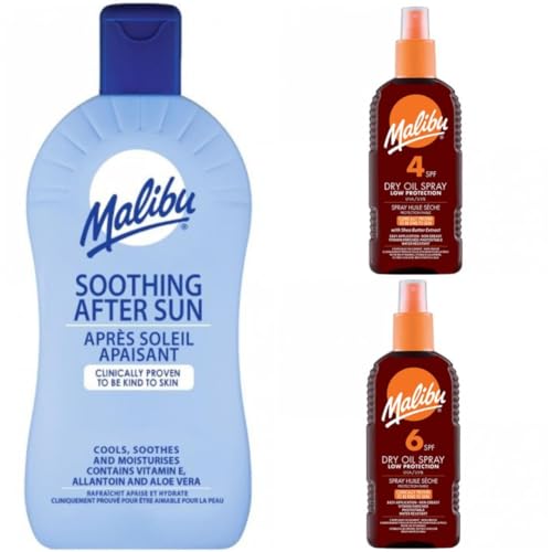 3 Mixed Pack Of 400ML Soothing Aftersun Plus SPF 4 & 6 Malibu Dry Oil 200ML Bottles