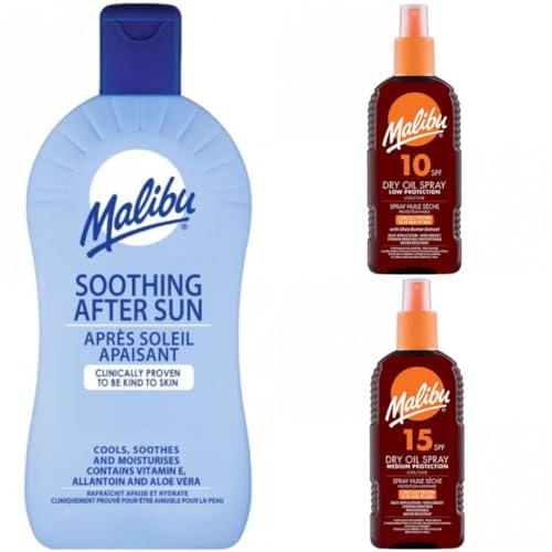 3 Mixed Pack Of 400ML Soothing Aftersun Plus SPF 10 & 15 Malibu Dry Oil 200ML Bottles