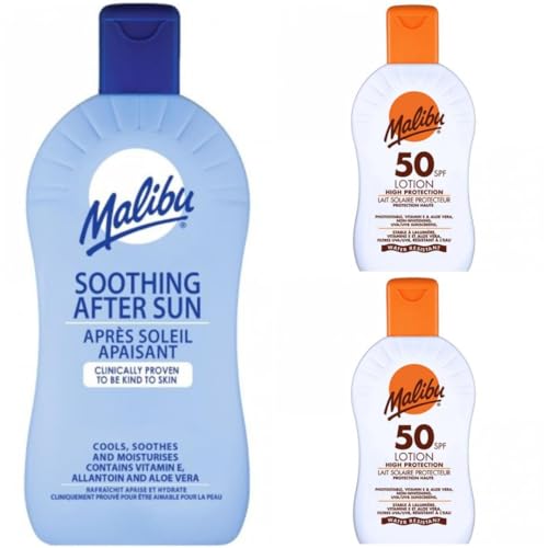 3 pack Set Of 400ML x 1 After Sun & SPF 50 x 2 Malibu Sun Cream Lotion 200 ML Bottles