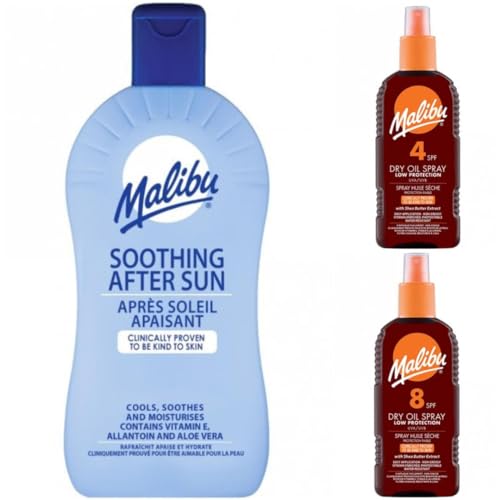 3 Mixed Pack Of 400ML Soothing Aftersun Plus SPF 4 & 8 Malibu Dry Oil 200ML Bottles
