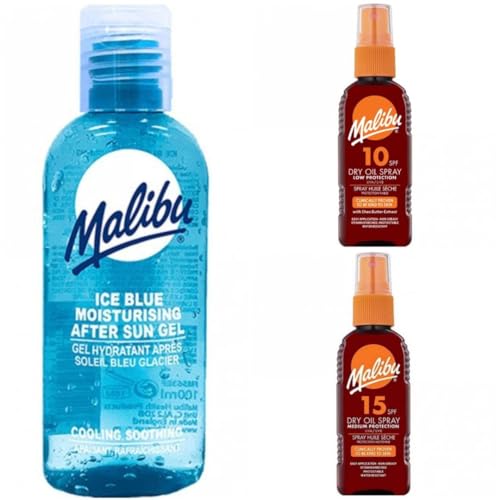 3 Mixed Pack Of 100ML Aftersun Cooling Gel Plus SPF 10 & Spf 15 Malibu Dry Oil 100ML X 2 Bottles