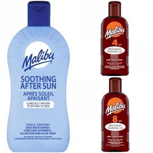 3 pack Set Of Malibu SPF 4 & Spf 8 Bronzing Tanning Oil 200ML Bottles Plus 400ML After Sun