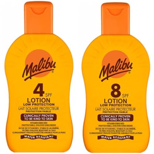 2 pack Set Of SPF 4 & SPF 8 Malibu Sun Cream Lotion 200 ML Bottles
