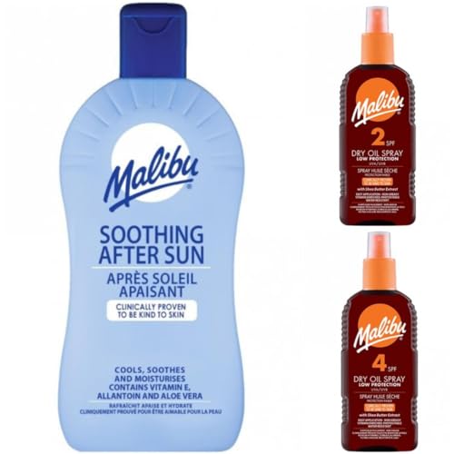 3 Mixed Pack Of 400ML Soothing Aftersun Plus SPF 2 & 4 Malibu Dry Oil 200ML Bottles