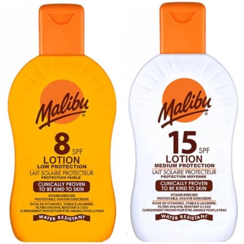 2 pack Set Of SPF 8 & SPF 15 Malibu Sun Cream Lotion 200 ML Bottles