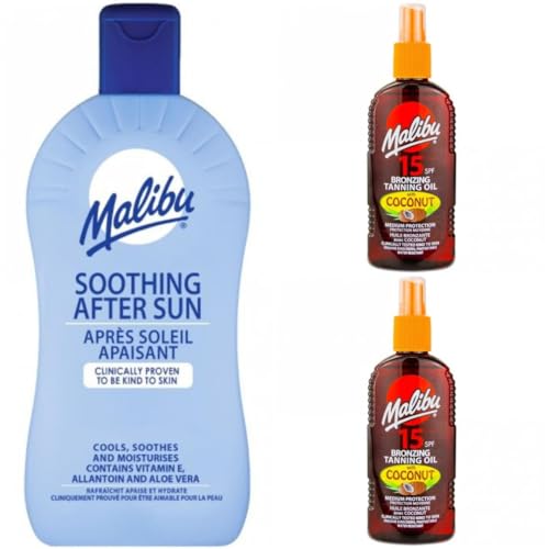 3 pack Set Of Malibu SPF 15 Bronzing Tanning Oil 200ML x 2 Bottles Plus 400ML After Sun