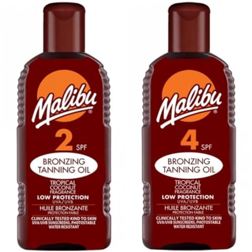 2 pack Set Of Malibu SPF 2 & SPF 4 Bronzing Tanning Oil 200ML Bottles
