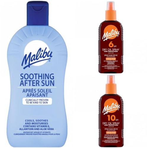3 Mixed Pack Of 400ML Soothing Aftersun Plus SPF 6 & 10 Malibu Dry Oil 200ML Bottles