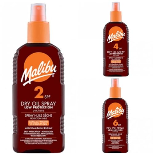 3 Mixed Pack Of SPF 2, 4 & 6 Malibu Dry Oil 200ML Bottles