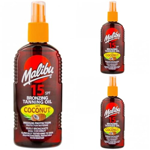 3 pack Set Of Malibu SPF 15 Bronzing Tanning Oil With Coconut 200ML Bottles