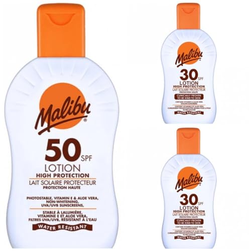 3 pack Set Of SPF 30 X 2 & SPF 50 X 1 Malibu Sun Cream Lotion 200 ML Bottles