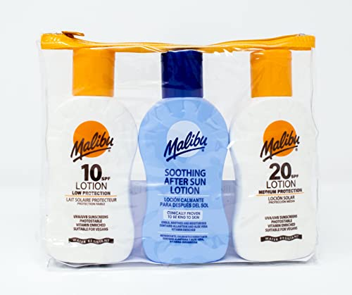 Malibu Sun Protection Travel Size Tanning Pack 1 x SPF 20 1 x SPF 10 Sun Tan Lotion & 1 x After Sun Aloe Vera Lotion Kit