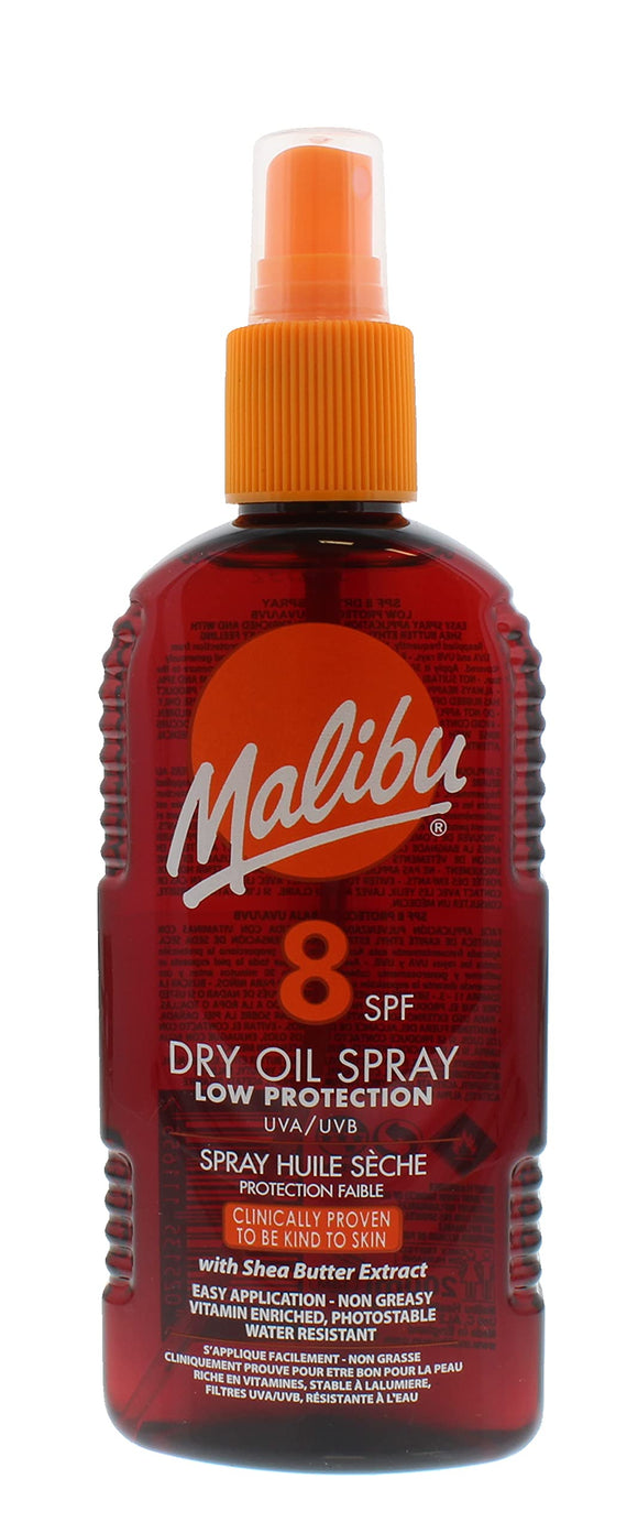 Malibu Sun SPF 8 Non-Greasy Dry Oil Spray for Tanning with Shea Butter Extract, Low Protection, Water Resistant, 200ml