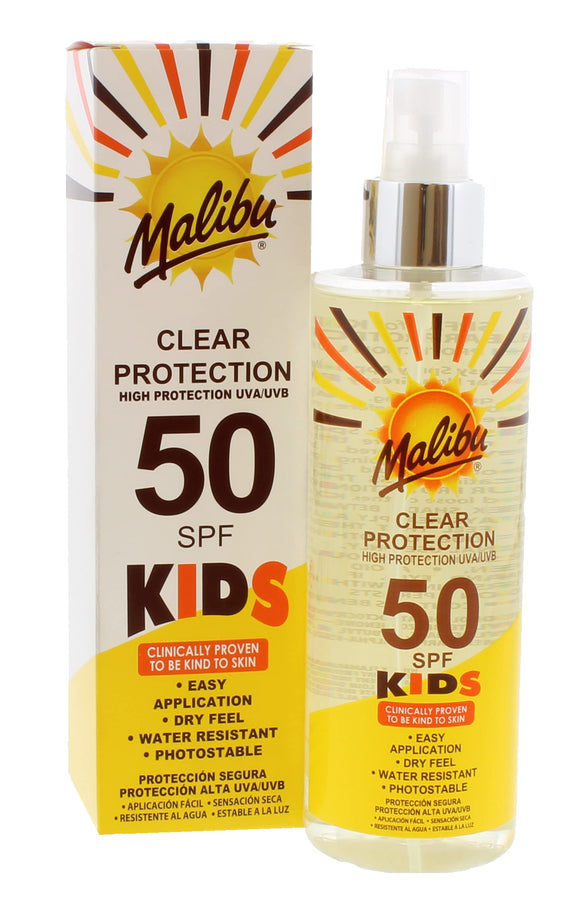 Malibu Kids High Protection Water Resistant Dry Feel SPF 50 Sun-Screen Clear Spray, 250ml